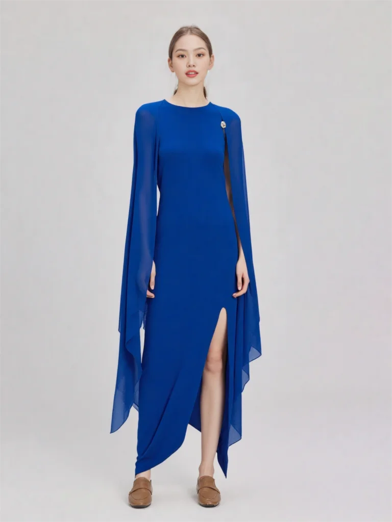 

Женское платье макси Сексуальное платье с накидкой и рукавами Корейская мода Макси-платье с круглым вырезом Высокая талия Сплит-молния Клубная вечеринка Элегантное длинное платье