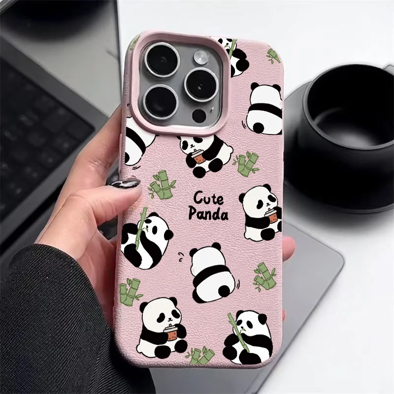Luxury Leather Texture Silicone Case For iPhone 16 Pro Max Coque iPhone 15 Pro Max 14 13 12 11 Cute Baby Panda Print Cover Funda
