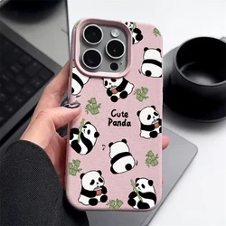Luxury Leather Texture Silicone Case For iPhone 16 Pro Max Coque iPhone 15 Pro Max 14 13 12 11 Cute Baby Panda Print Cover Funda