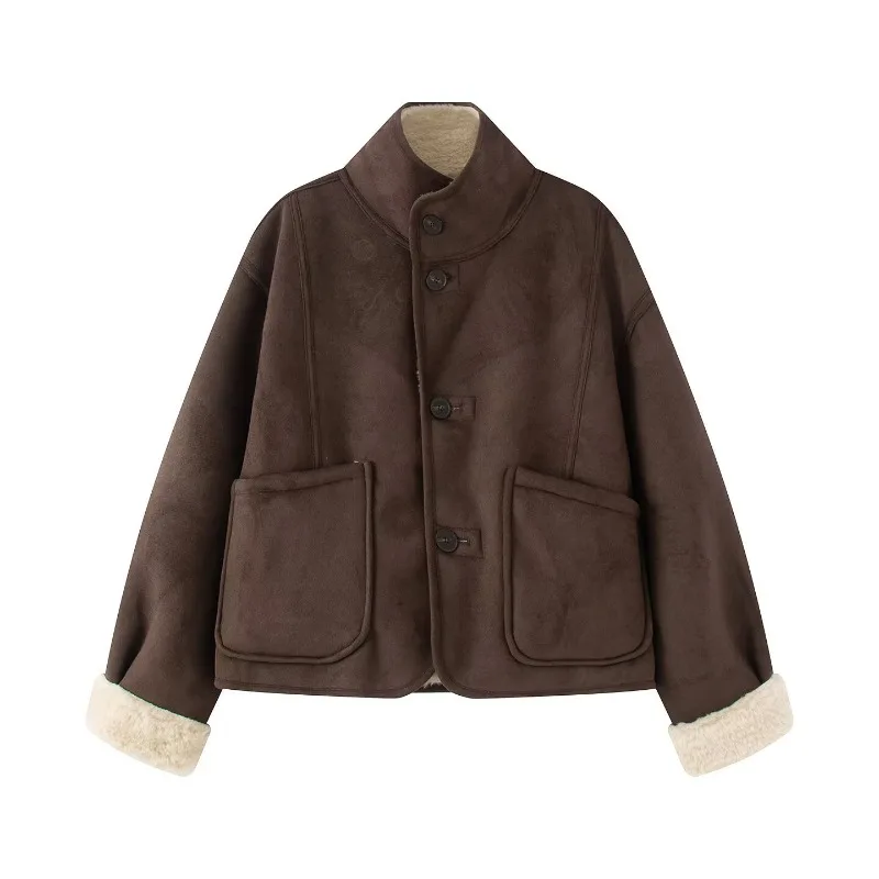 Womens Reversible Faux Shearling Jacket Stand Collar Single Breasted Long Sleeve 2026 Fall Winter New Trendy Chic Soft Outerwear