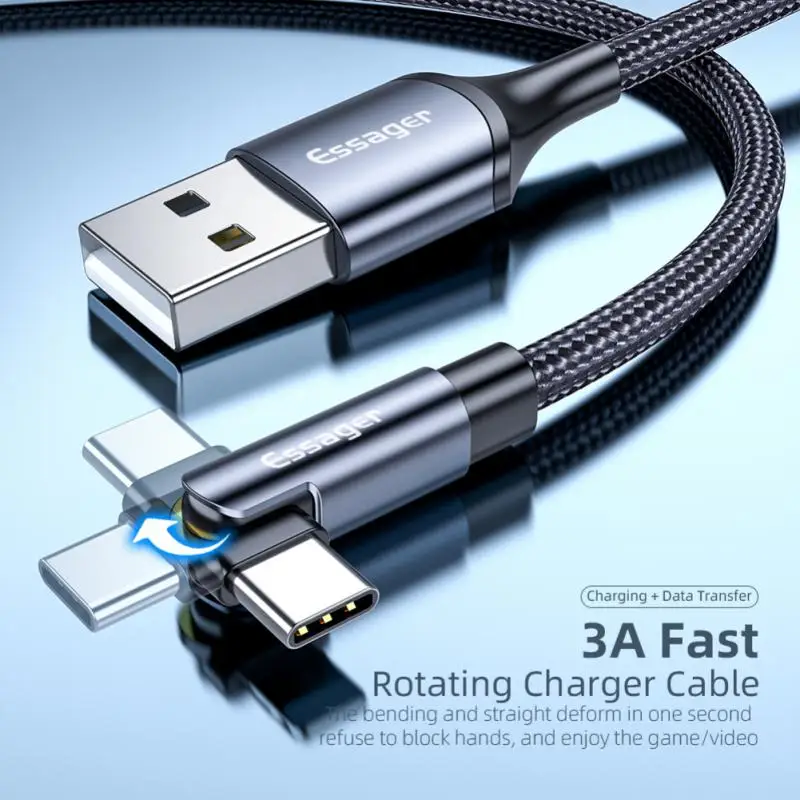 Essager 3A Fast Charging Cable Micro USB Type C Data Charger For Mobile Phone 540 Rotate Wire Cord