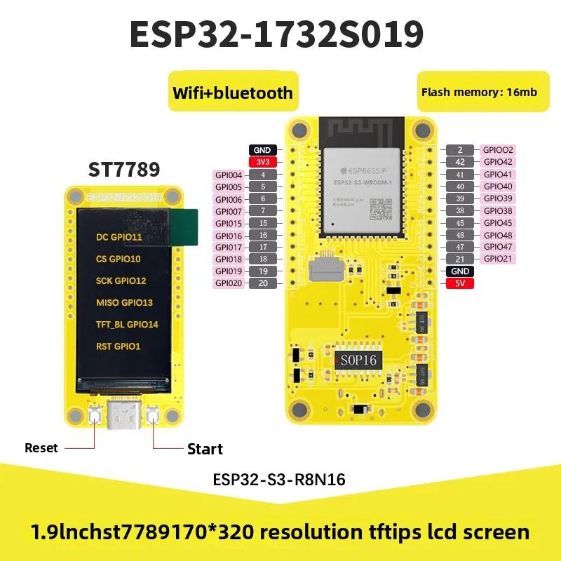 ESP32-S3 com tela de 1,9 polegadas placa de desenvolvimento LVGL wifi + Bluetooth módulo TFT de exibição 170 * 320