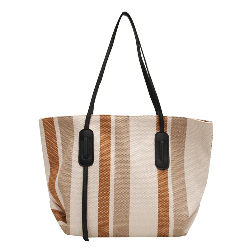 2023 New Women's Bag Stripe Canvas Big Bag Fashion Shopping Bag Student Shoulder Bag Large Capacity Handheld Mommy Bag