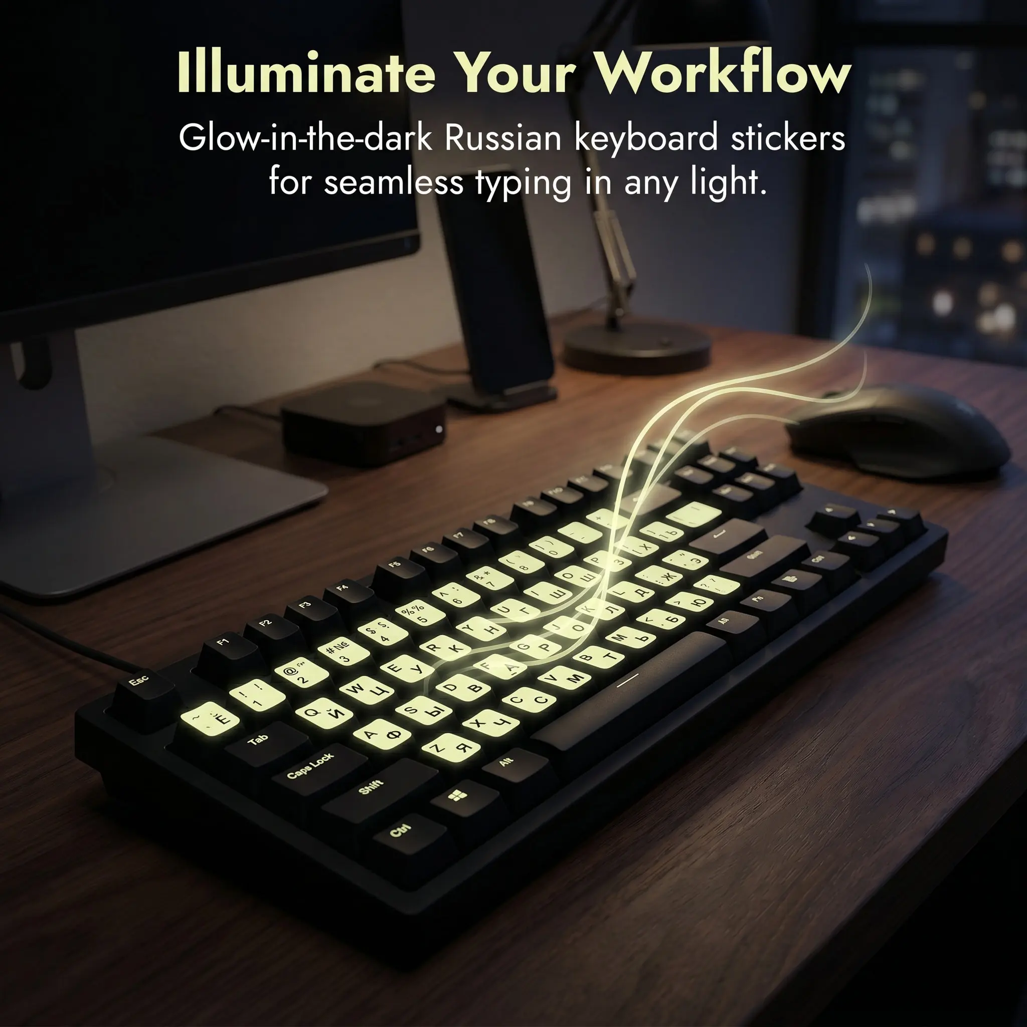 1Sheet Fluorescent Letter Keyboard Sticker High Durability Non Deformable 1.3x1.1cm Glow in Dark Pc Laptop Desktop Keyboard