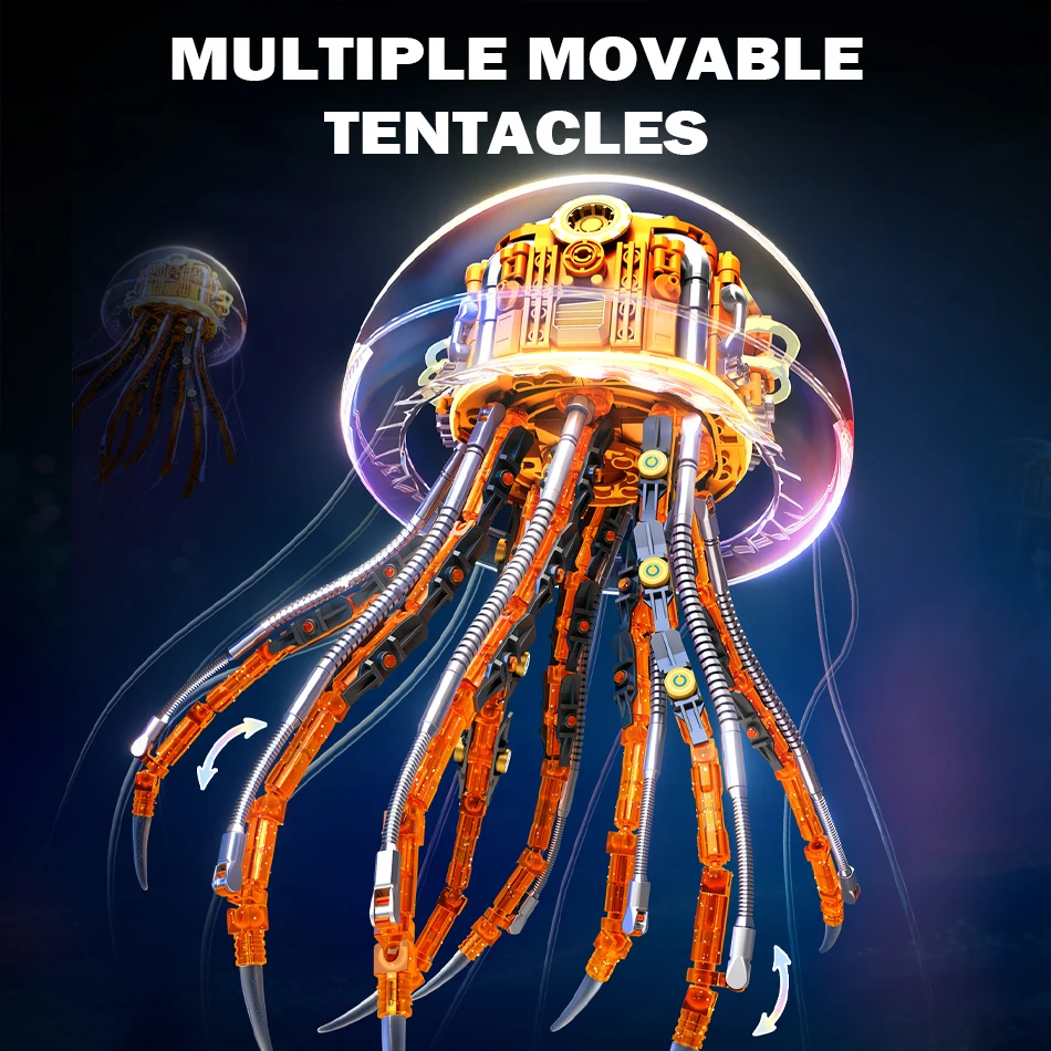 MOC Steampunk Ocean Animal Medusa meccanica Building Blocks Illuminazione Bionica Creature marine Assemblaggio Mattoni Giocattolo per regalo per bambini