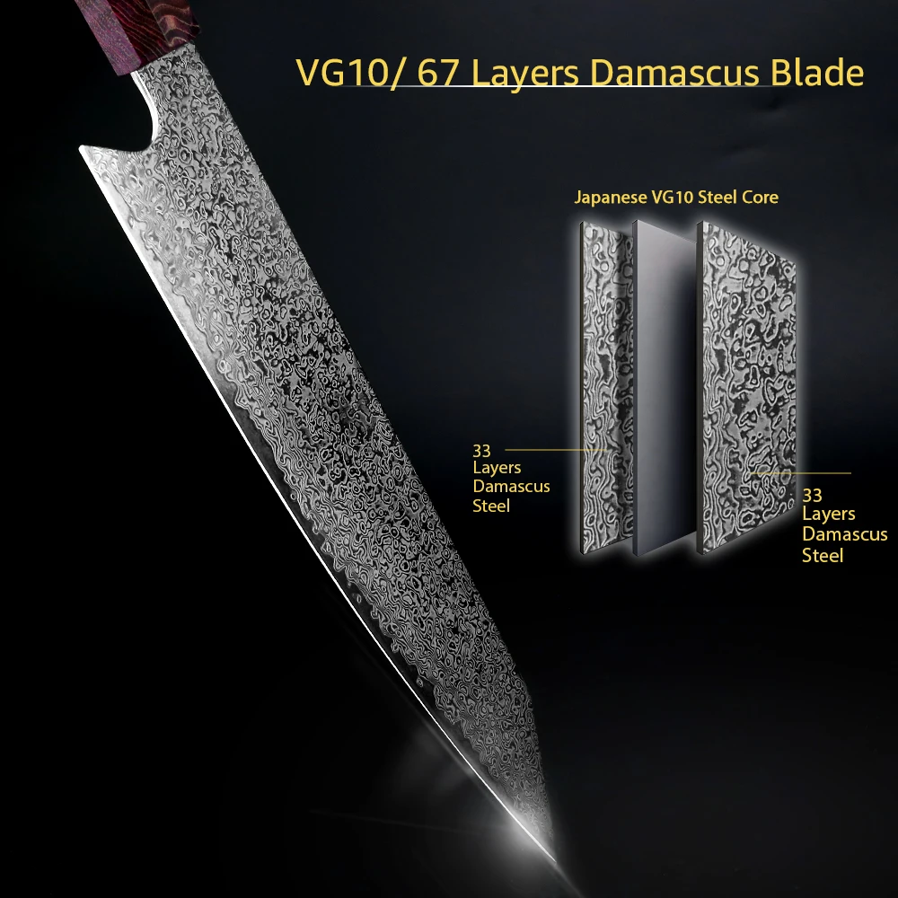 8 inch Damascus Knife Kitchen Knife Japanese Style VG10 67 Layers Stainless Steel Knives Ergonomic Handle