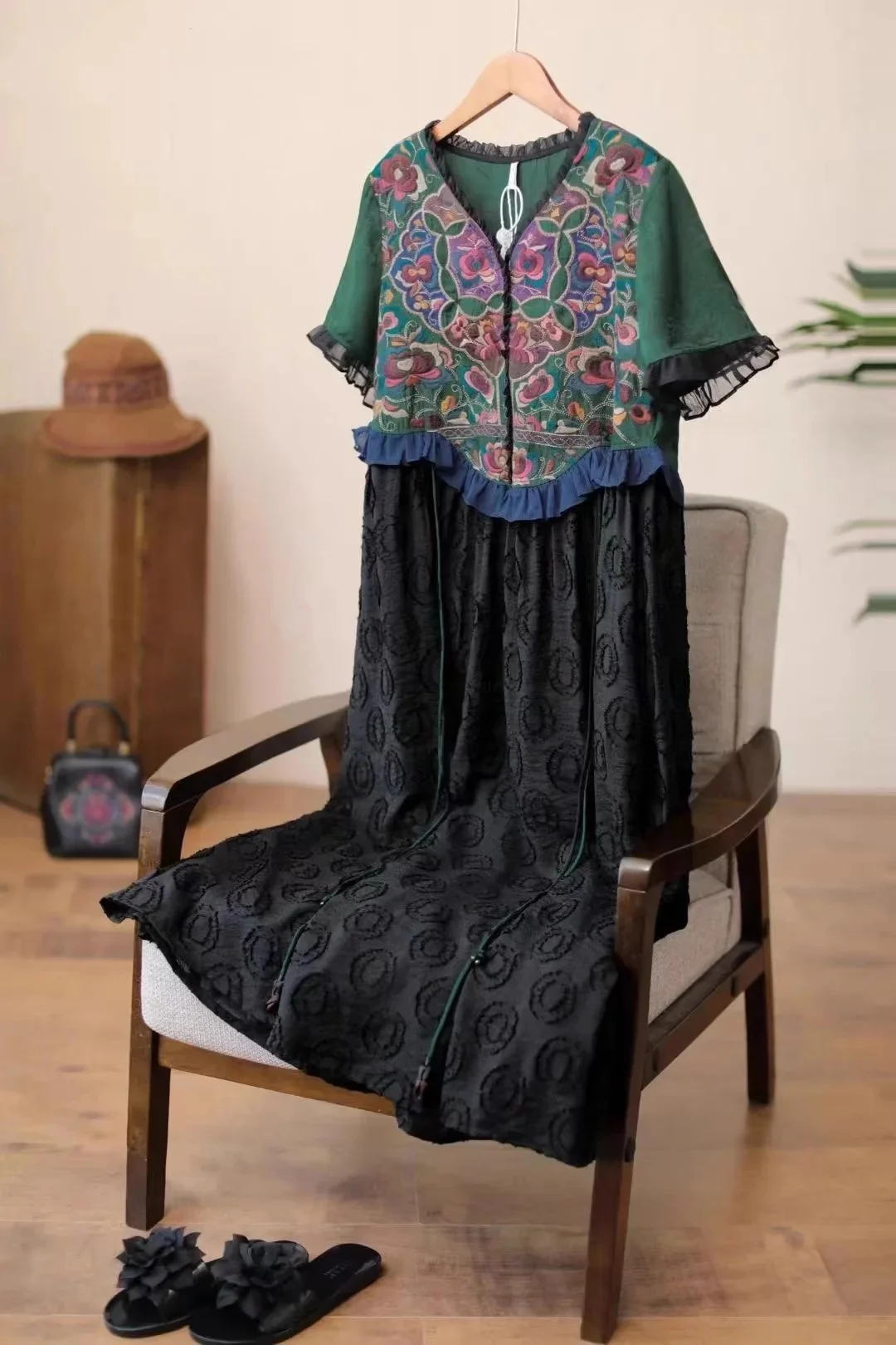Chinese style women dresses Green black patchwork jacquard dresses embroidered short sleeved Vintage ladies clothes on sales
