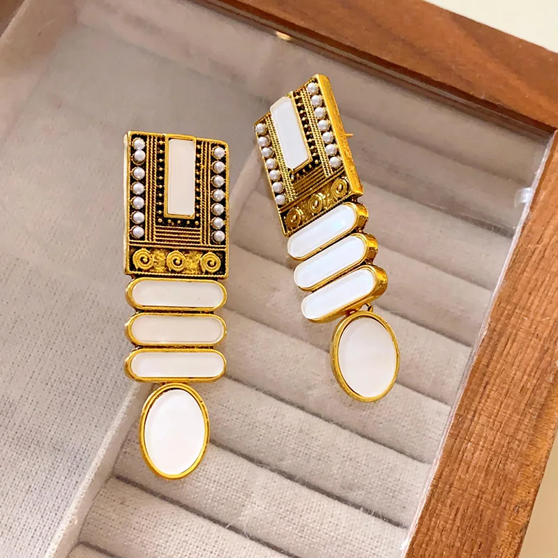 New White Square Oval Resin Artificial Imitation Pearl Geometric Dangle Earring Women Vintage Silver Needle Fashion Jewelry K-