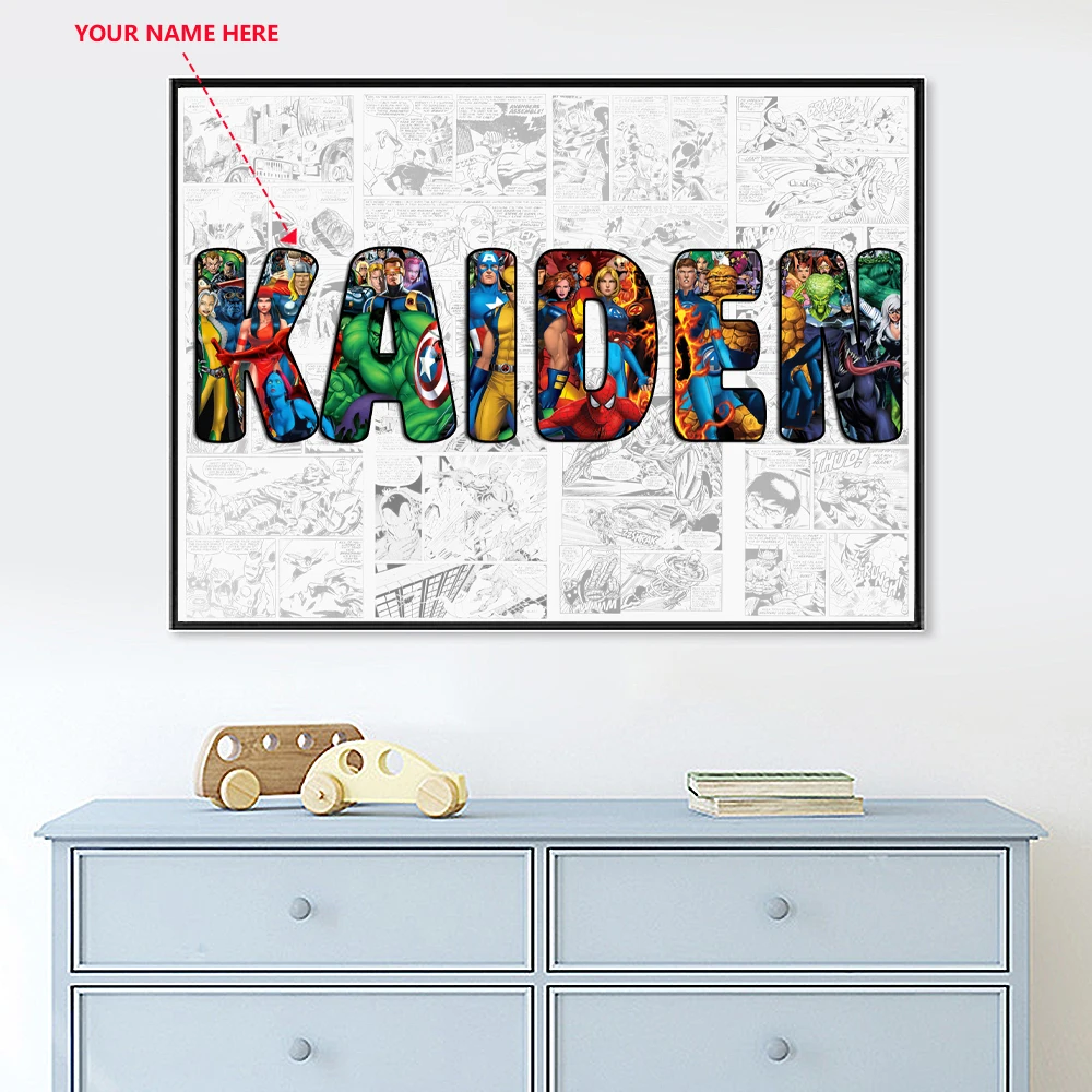 Personalized Boys Name Word Art Print AVENGERS Character Poster Superhero Canvas Painting Wall Art Comic Gift Home Decor