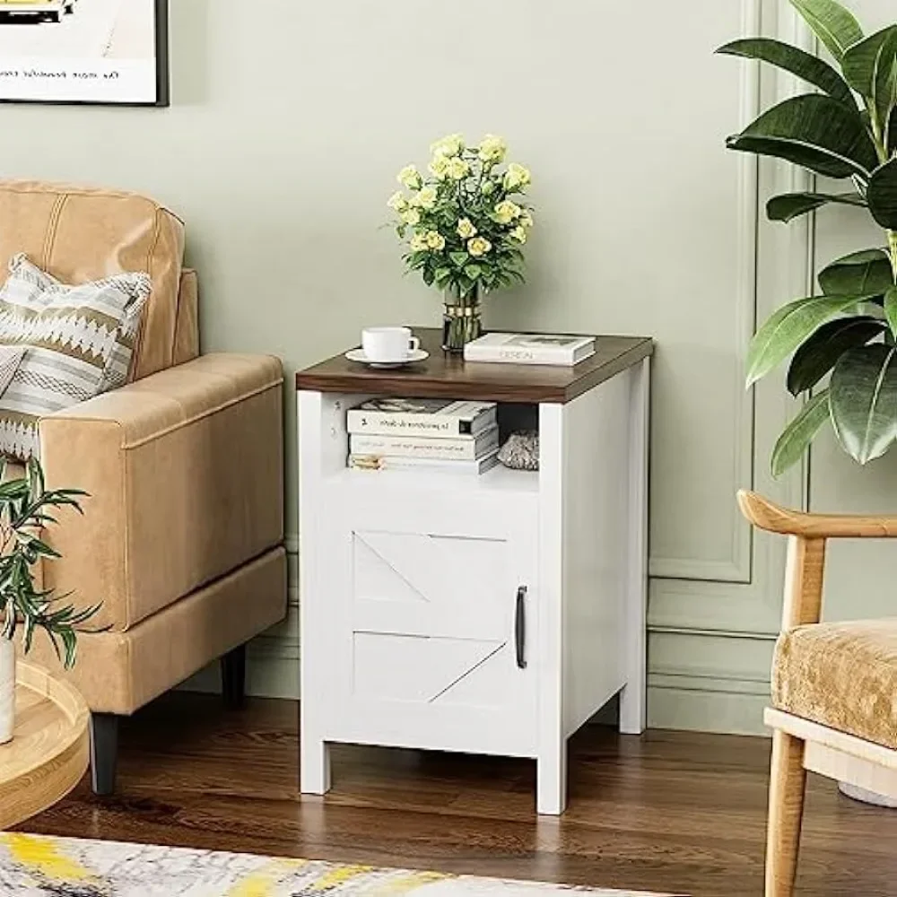 Farmhouse Modern Nightstand with Shelf and Barn Door, Set of 2 for Bedroom, White