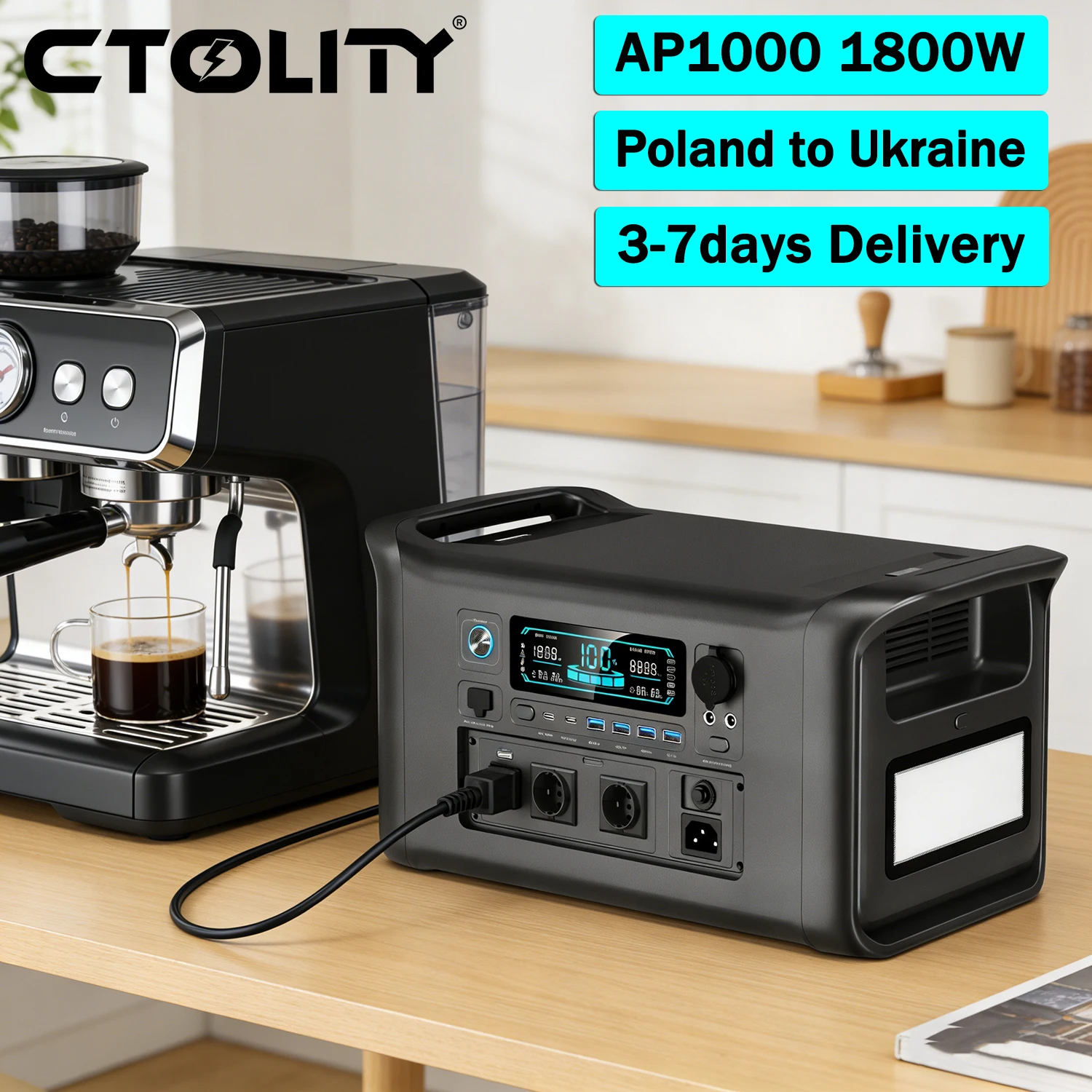 CTOLITY 1800W Portable Power Station 1024Wh Lifepo4 Battery AP1000 Solar Generator EU AC Pure Sinve Wave Energy Storage Supply