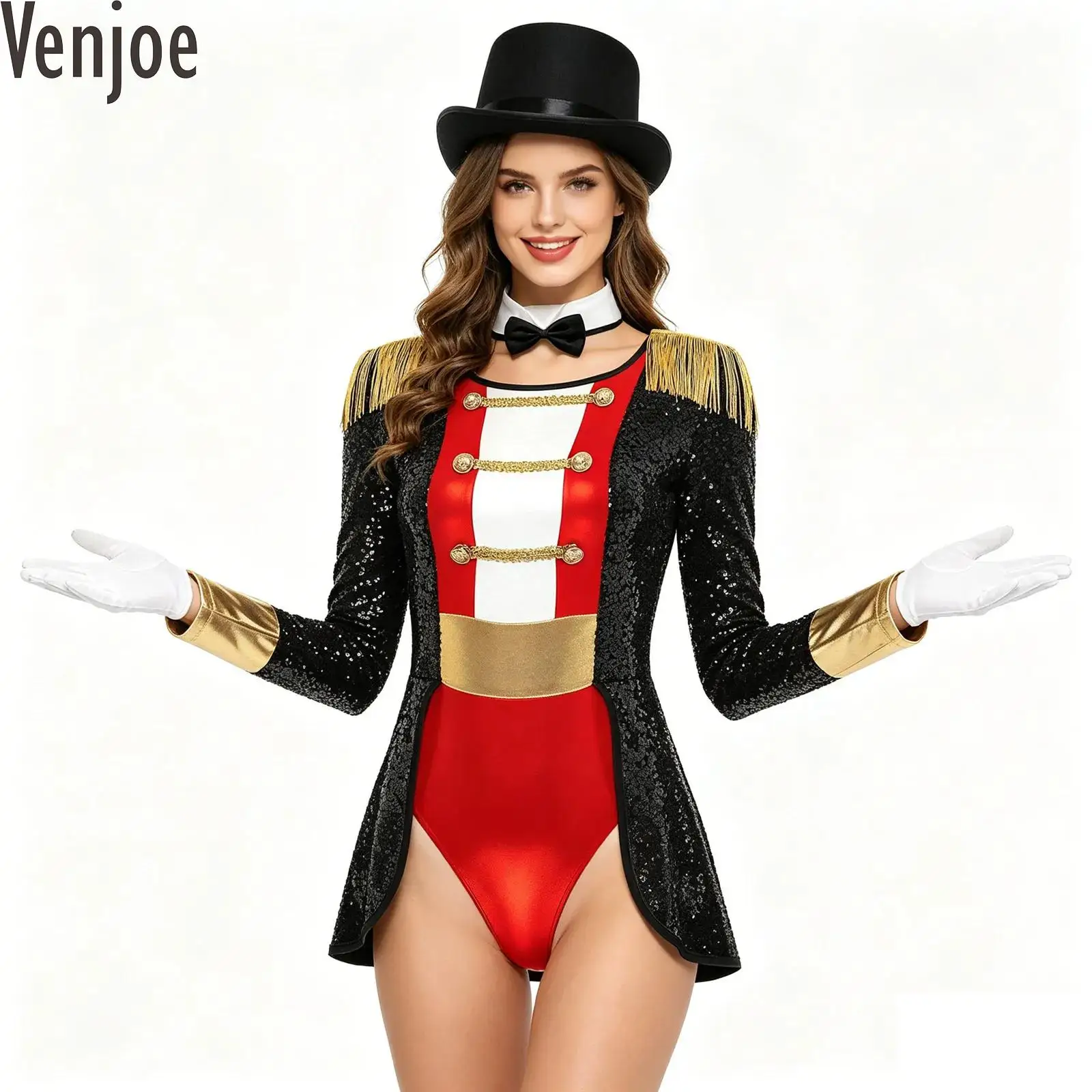 

Womens Circus Ringmaster Costume Set Long Sleeve Fringed Sequin Bodysuit with Hat Gloves Halloween Lion Trainer Cosplay Outfit