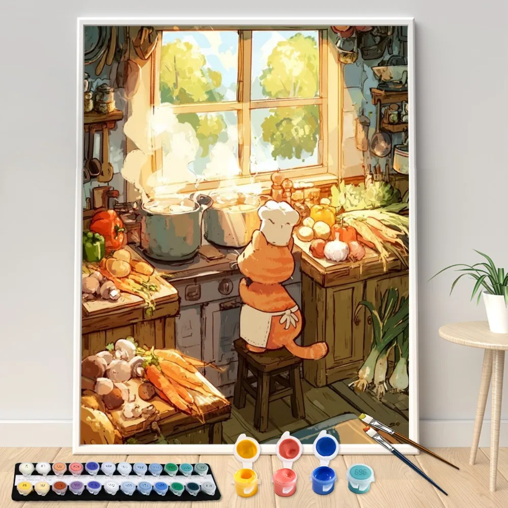 Digital Acrylic Painting Kit DIY Kitty Chef Art Canvas Hand Painted Home Decor Personalized Surprise