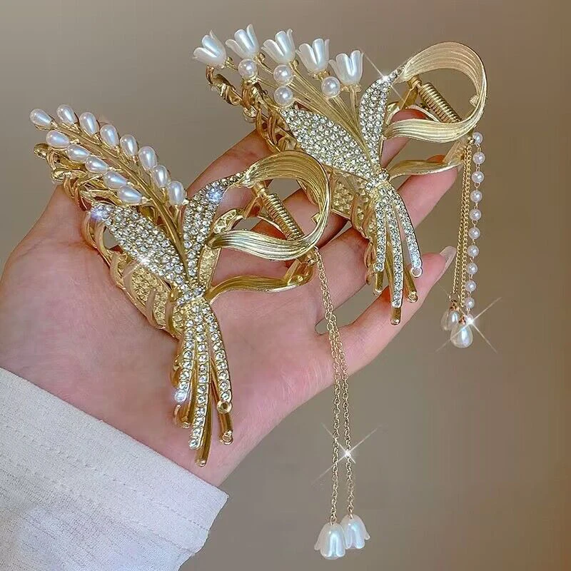 2023 New Wheat Pearl Tassel Hair Claw Clip Vintage Rhinestone Hairgrip Barrettes Antique Hairpin For Women Hair Accessories Gift