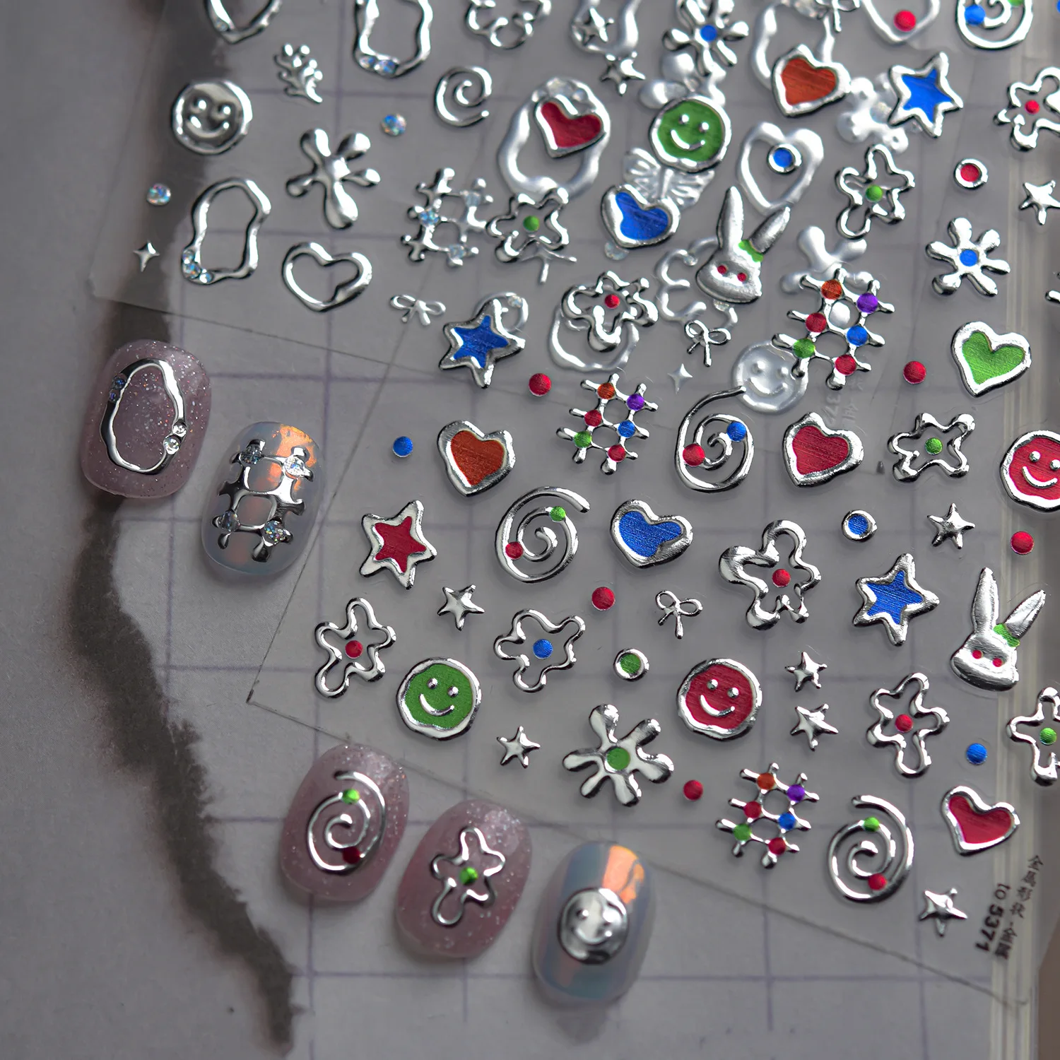 Silver Metal Star Heart Shaped Shape Nail Stickers Cute Butterfly Rabbit Bowknot Self-adhesive Nail Design Stickers DIY Decals view 3