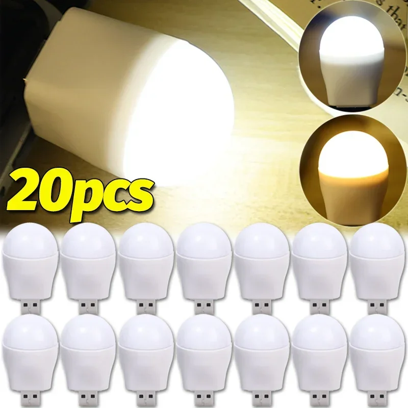 1/20PCS Mini USB LED Lights Portable Plug Lamp Eye Protection Book Reading Light Small Round Car Bulb Computer Mobile Power Lamp