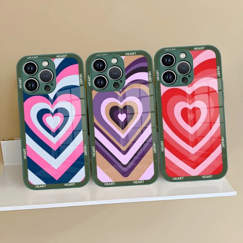 Latte Love Caffee Heart Phone Case Purple Green Glass For IPhone 13 14 12 11 Pro Max Plus Mini X XR 8 7 6s SE2020 Cover