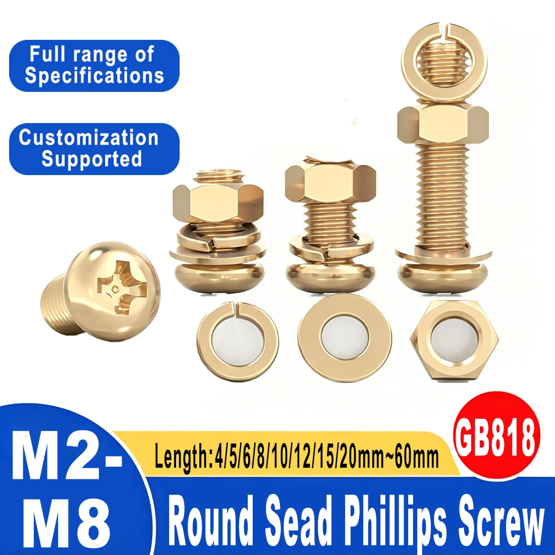 Cross Pan Round Head Machine Screw With Lock Washers and Nuts M3 M4 M5 M6 M8 Brass Screw Nut Set Length 4mm~60mm
