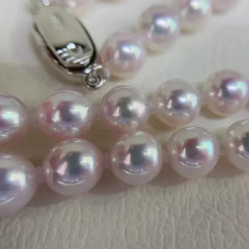 7-8mm Seawater Akoya Pearl Necklace Pure Natural Light Pink Seawater Pearls with S925 Silver Accessories Necklace Jewelry