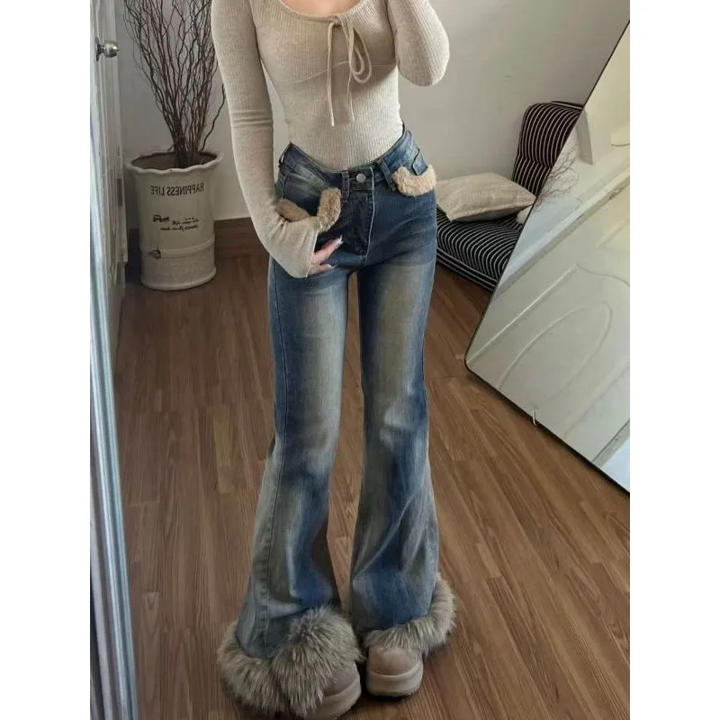 American Retro Washed Fluff Splicing Design Sense Jeans Women's Winter High Street Babes Slim-fitting Slightly Elongated Pants