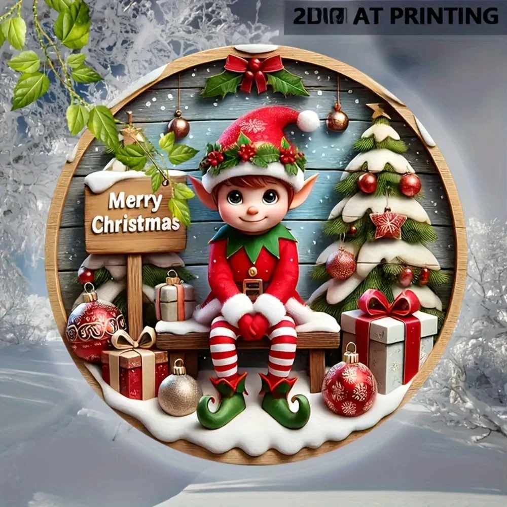 2D Charming Christmas Elf Wooden Sign - 1pc  Round, Perfect for Cafe, Bar, Party & Home Decor | Ideal Gift for Best Friends