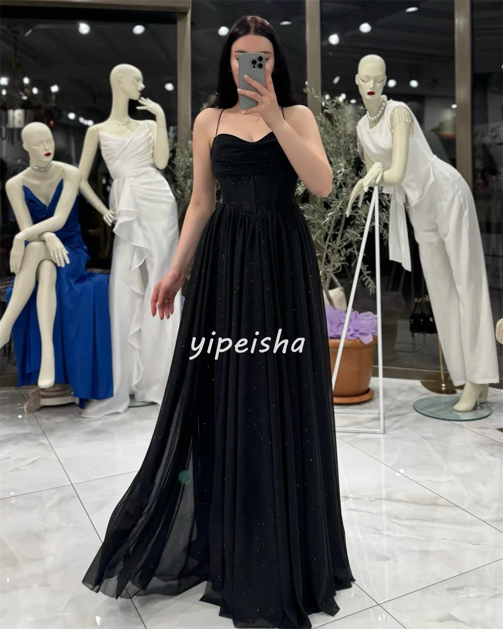 Vestidos largos personalizados de alta calidad, moda de gasa con lentejuelas y plisado, corte en A, cuello Halter, vestidos para ocasiones a medida, elegantes a juego
