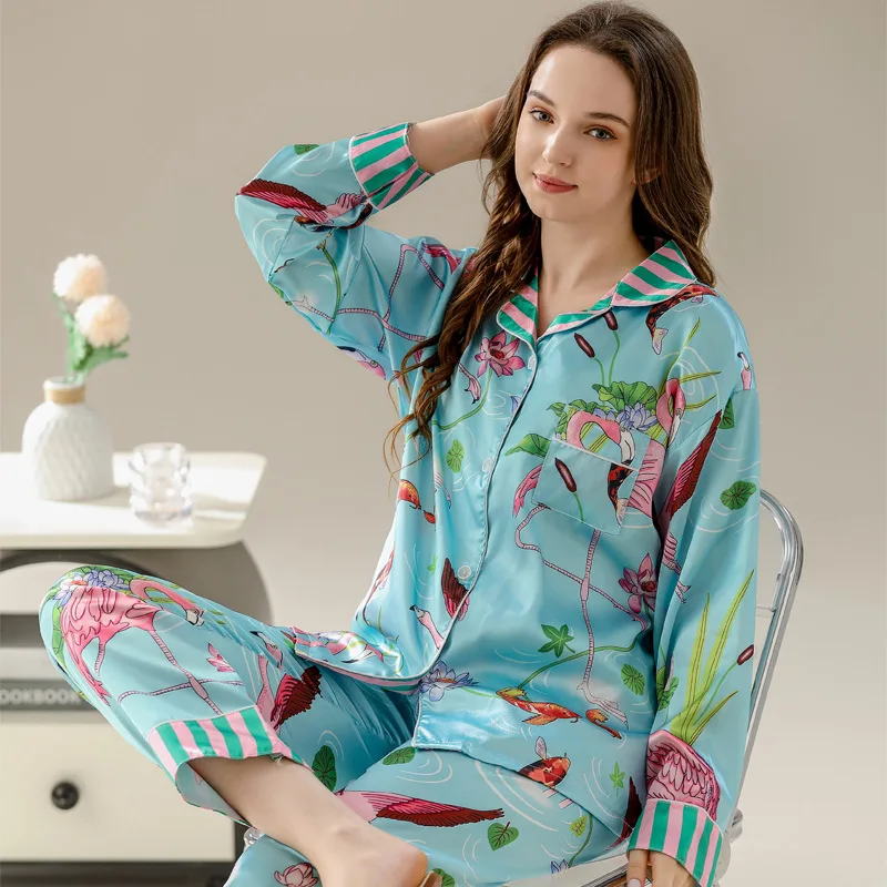 Women\'s Pajamas Sets Spring Autumn 2 Piece Flamingo Print Pyjama Faux Silk Satin Sleepwear Long Sleeve Pijama Mujer Pjs Homewear