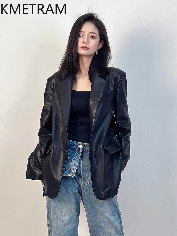 100% Sheepskin Jacket Women Fashion Loose Mid Length Genuine Leather Suit Jackets Woman 2025 Autumn Ladies Clothes дубленка