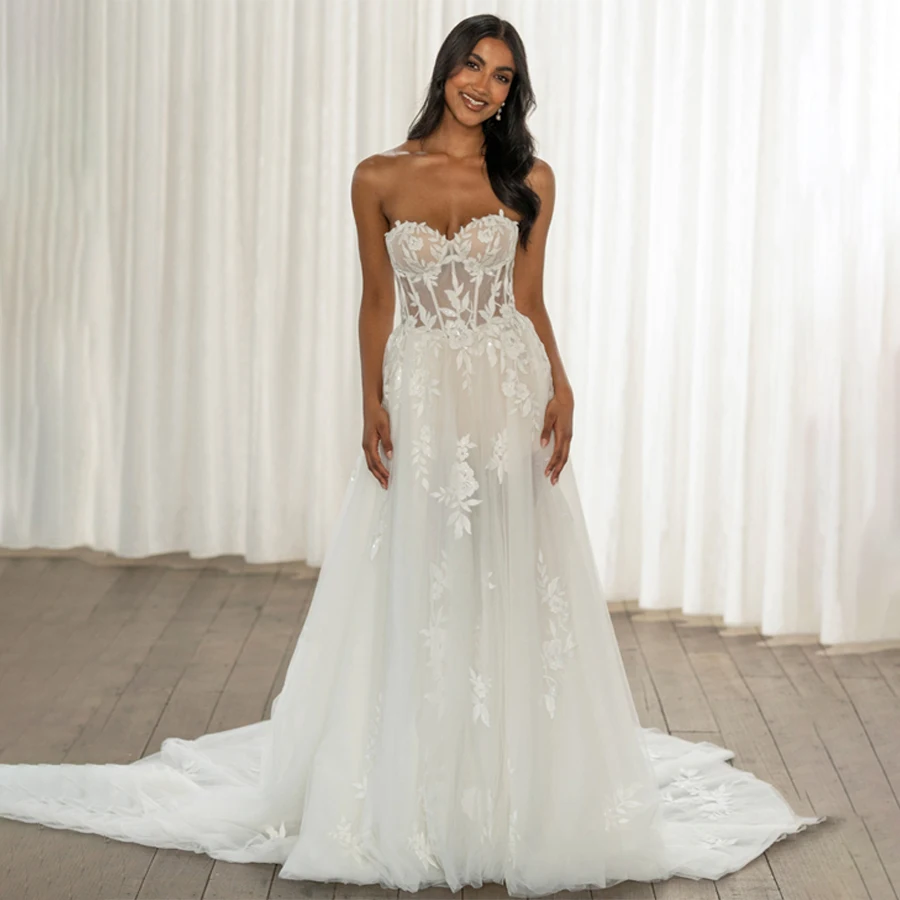 

Customized Lace Appliques For Sweetheart Removable Cap Sleeve A-Line Tull Skirt Wedding Dress Backless Lace Up Bridal Gown