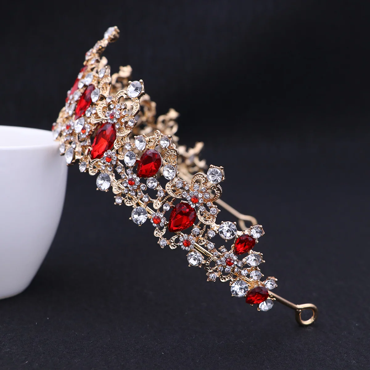 Red Baroque Pearl Headband Quinceanera Crown Tiara for Women Scarf Bride Royal Rhinestone