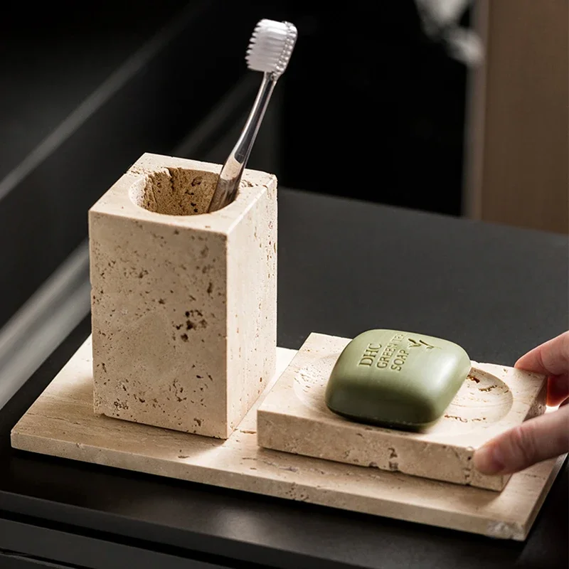 【Natural】Beige Travertine Bathroom Set Natural Marble Soap Dispenser Reed Diffuser Tissue Box Tray Bathroom Accessories