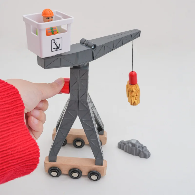 Juego de vía de tren de madera, coche magnético, grúa de juguete, trabajos de rescate, juguetes educativos para niños, carril de madera