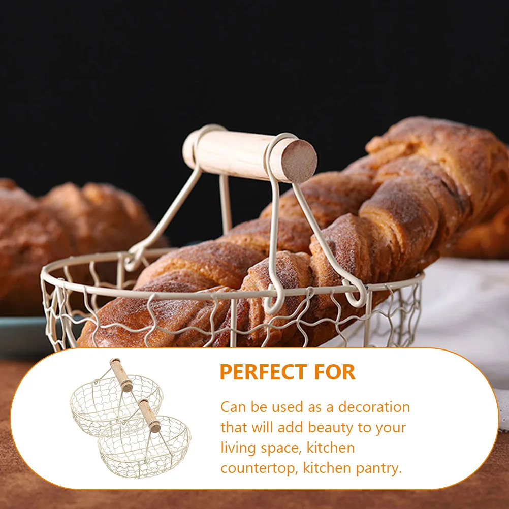 

2Pcs Vintage Iron Storage Basket Hollow Design Fruit Bread Carrier Kitchen Countertop Organizer Wooden Handle Multi-Purpose