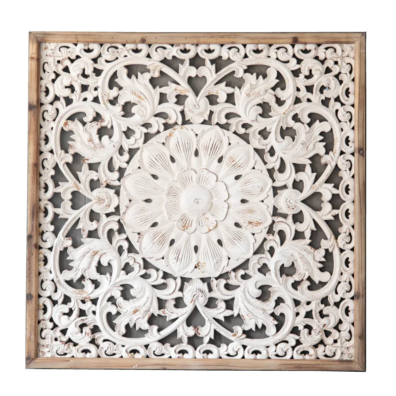 

French carved wooden wall bed and breakfast wedding photo props, light luxury hollow flower shop cafe wall decoration