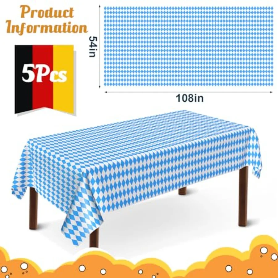 5PCS Oktoberfest Tischdecken 54" x 108" Oktoberfest Bayerische Vinyl Tischdecke Oktoberfesten Dekorationen Party Tischdecke Blau und