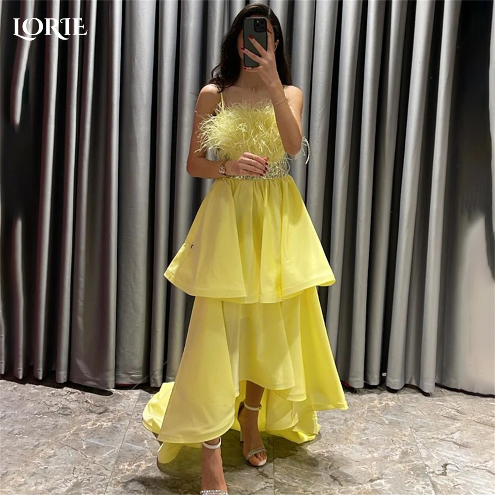 

LORIE Elegant Solid Formal Evening Dresses Feathers Off Shoulder A-Line Spaghetti Straps Prom Dress Tiered Ruffles Party Gowns