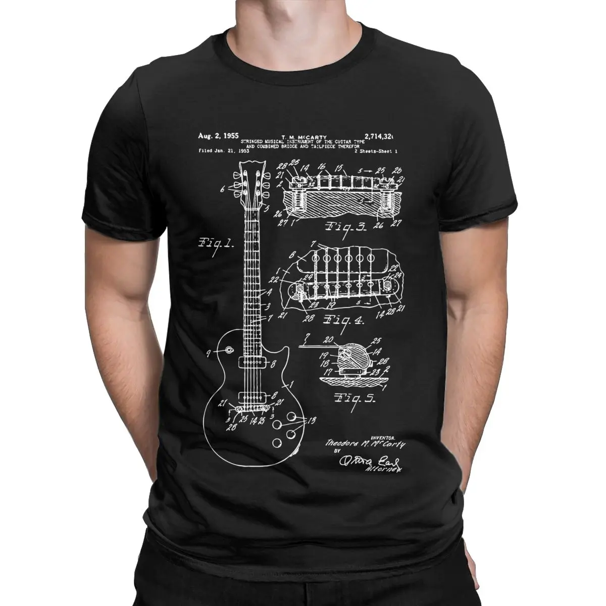 Patent Acoustic Electric Guitar Music T-Shirt Men Casual Pure Cotton Tees Crew Neck Short Sleeve T Shirt Graphic Printed Tops