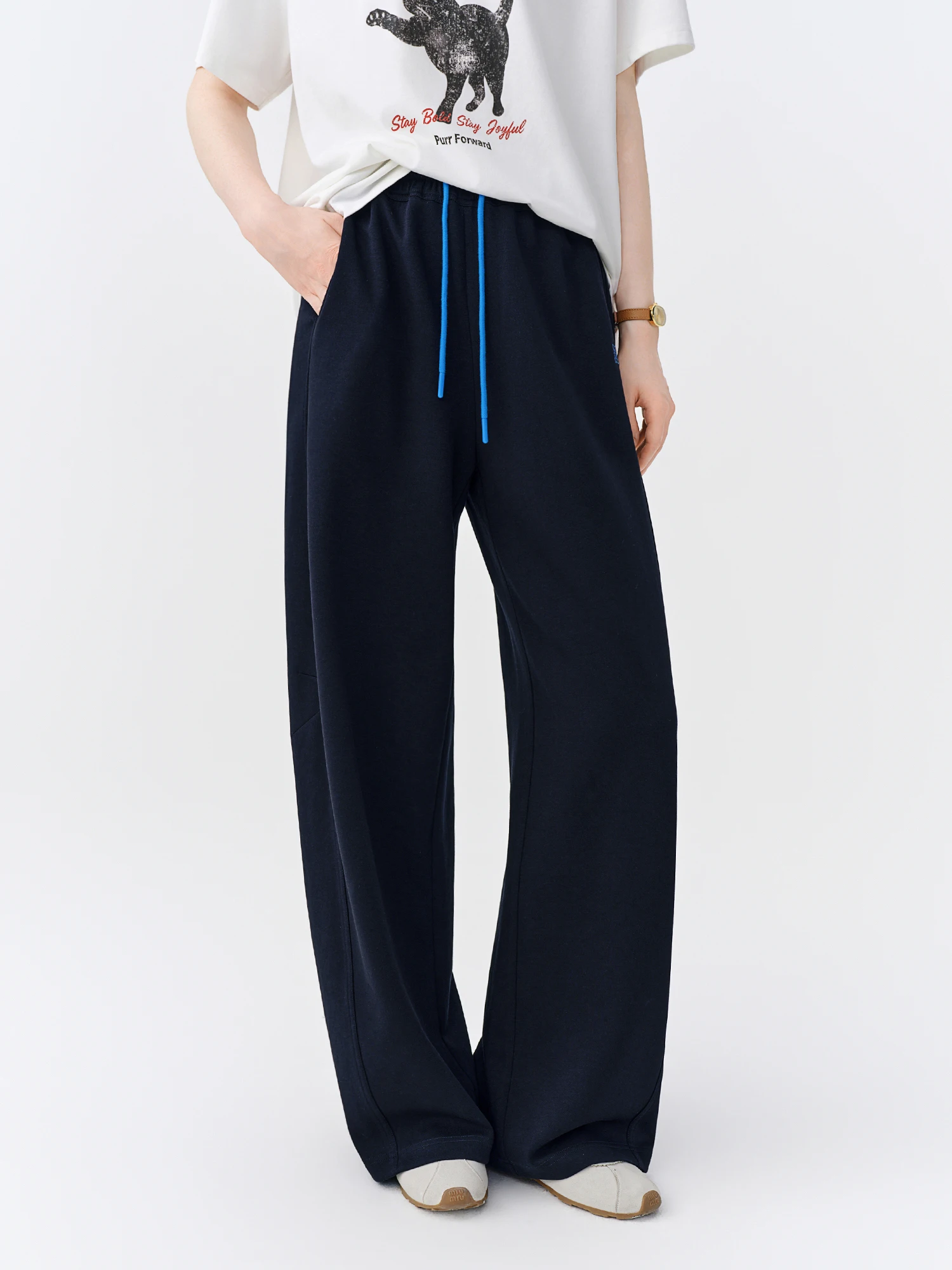 DUSHU 2026 Autumn New Women's Color-Block Drawstring Wide-Leg Pants Slimming Straight-Leg Trousers Available in Multiple Sizes