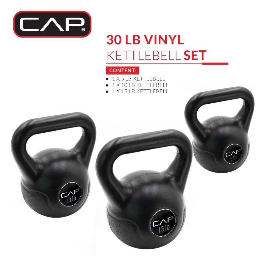 CAP Barbell 30lb Cement-Filled Kettlebell Set (5, 10, 15 lbs), Black
