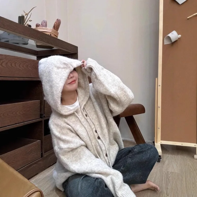

Hooded Sweater Cardigan for Women Autumn and Winter Loose Button Knit Sweater Jacket Korean Fashion Harajuku Hoodies Women Coats