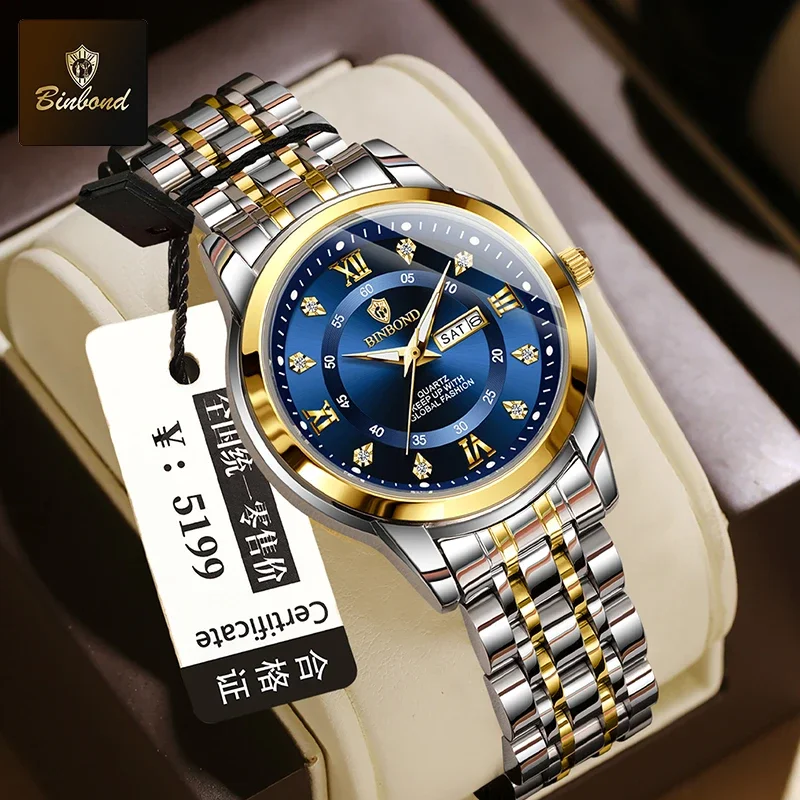 BINBOND B7169 최고급 브랜드 럭셔리 패션 비즈니스 여성용 쿼츠 시계 30M 방수 주간 날짜 표시 스포츠 여성용 손목시계