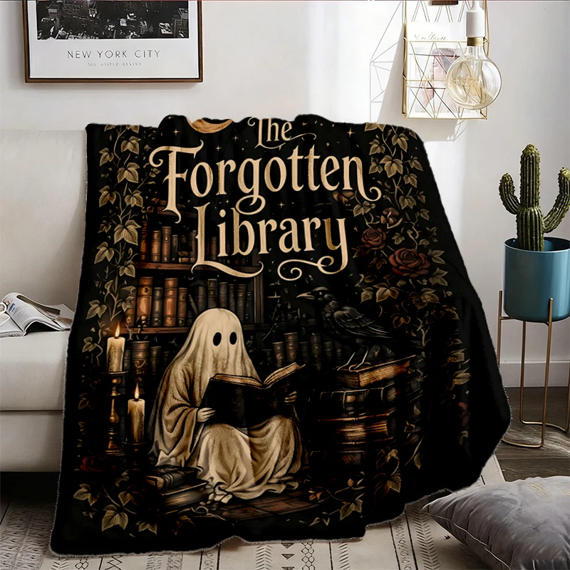 Forgotten Library Flannel Throw Halloween, Ghost Reader Cozy Blanket, Dark Academia Spooky Fall Soft Blanket for Soft Bl