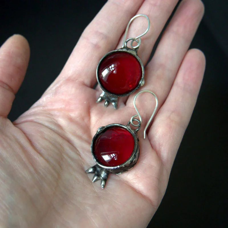 Vintage Silver Pomegranate Shape Pendant Earrings Simple Large Round Transparent Red Resin Drop Women's Jewelry