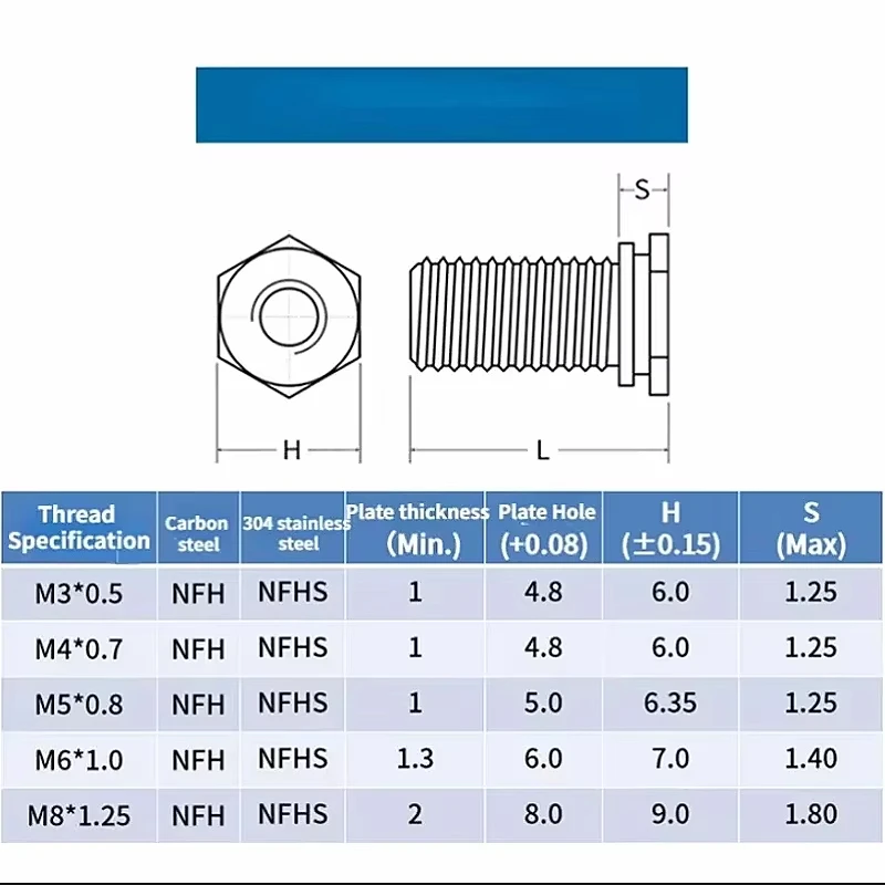 304 Stainless Steel/Carbon Steel Hexagonal Head Self Clinching Studs Pressure Rivet Screw M3 M4 M5 M6 M8 Hex Flat Head Studs