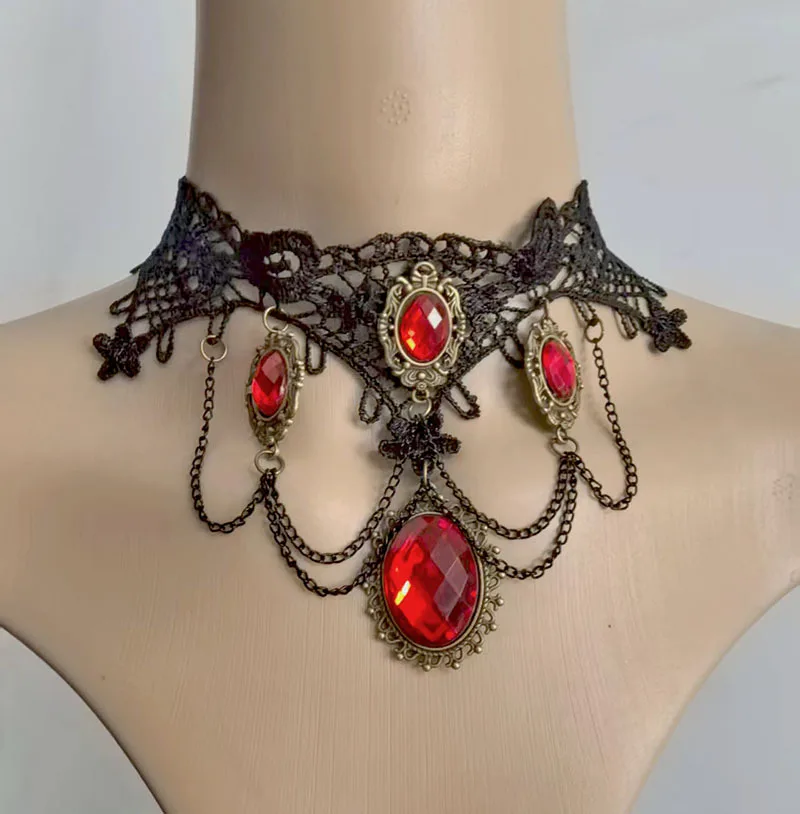 القوطية الأسود الدانتيل قلادة للنساء Steampunk الأحمر قطرة الماء المختنق القلائد بنات مجوهرات الحفلات هدية #3