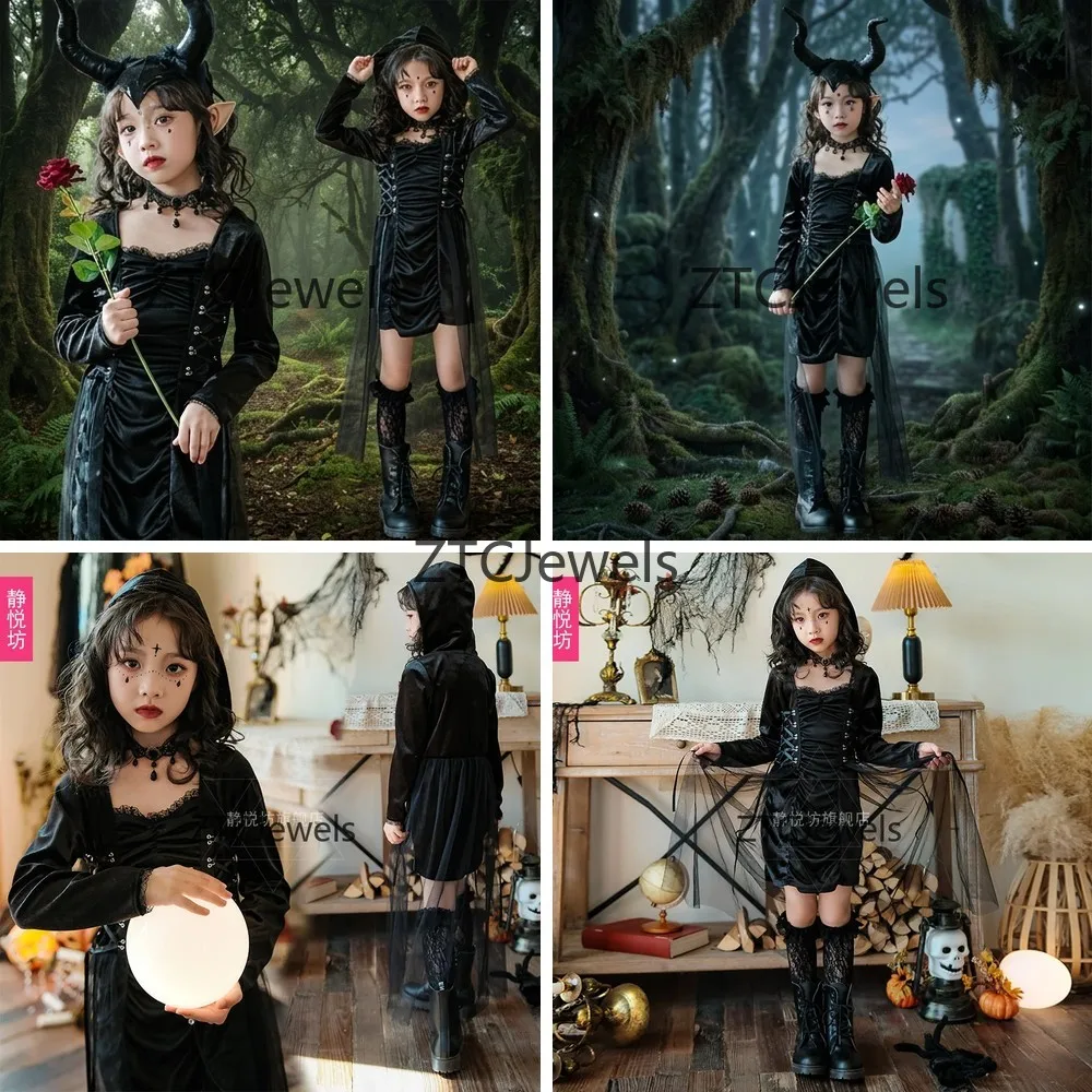 Gotisches Hexenkleid Halloween-Kostüm für Mädchen Dunkles Cosplay Bühnenkostüm Sexy Kinder-Hexenkostüm