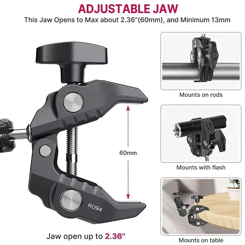 U-lanzi R094 Metalowy super zacisk z podwójną głowicą kulową Magiczny zacisk ramienia z otworem 1/4" 3/8" do aparatu DSLR Monitor Światło Mikrofon Mocowanie — zdjęcie produktu 4