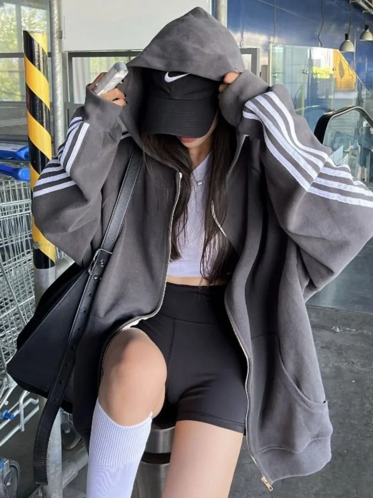 Adagirl Vintage Grey Rits Hoodies Vrouwen Oversized Strip Causale Sweatshirts Herfst Streetwear Tops Jas Koreaanse Stijl Mode