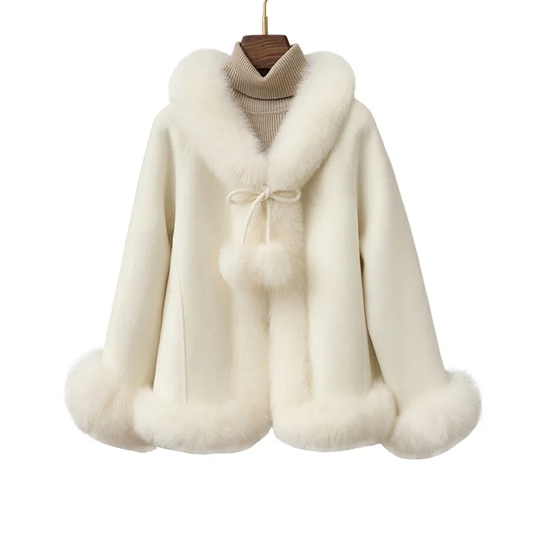 Haining cute hairball fox fur collar fur coat all wool double-sided woolen coat 2025 new cape
