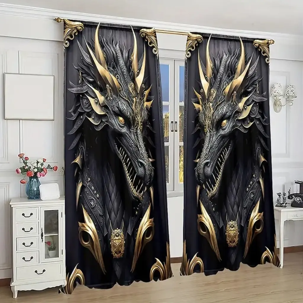 2pc Majestic Dragon PrintCurtain for Living Room Decoration Modern Home Deco Black and Golden 3D Totem Digital Print Polyester